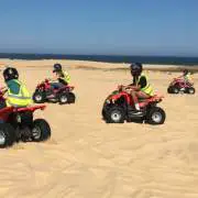 A group of people riding quad bikes